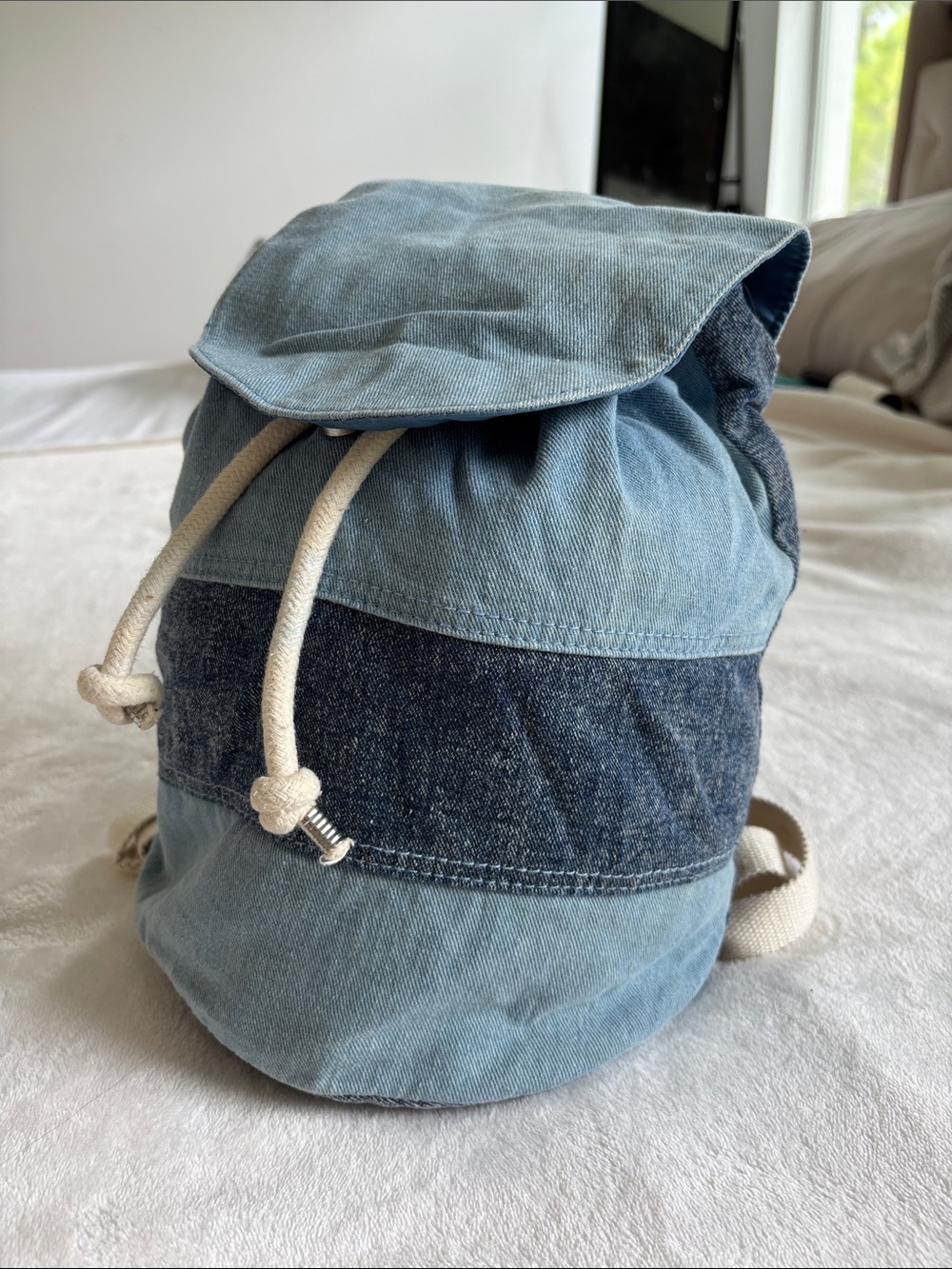 Light Blue Denim Patch Drawstring Backpack - Women